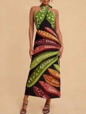 Green Halter Maxi Dress with Leaf Print